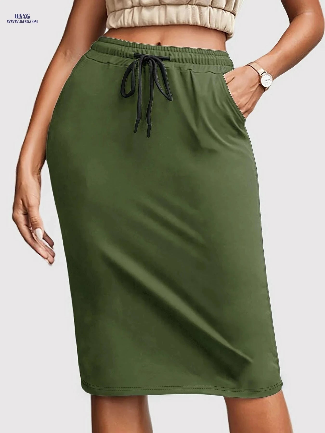 RANLEGE Casual Knee Length Skirt - Drawstring Waist with Pocket   OAXG Black / S