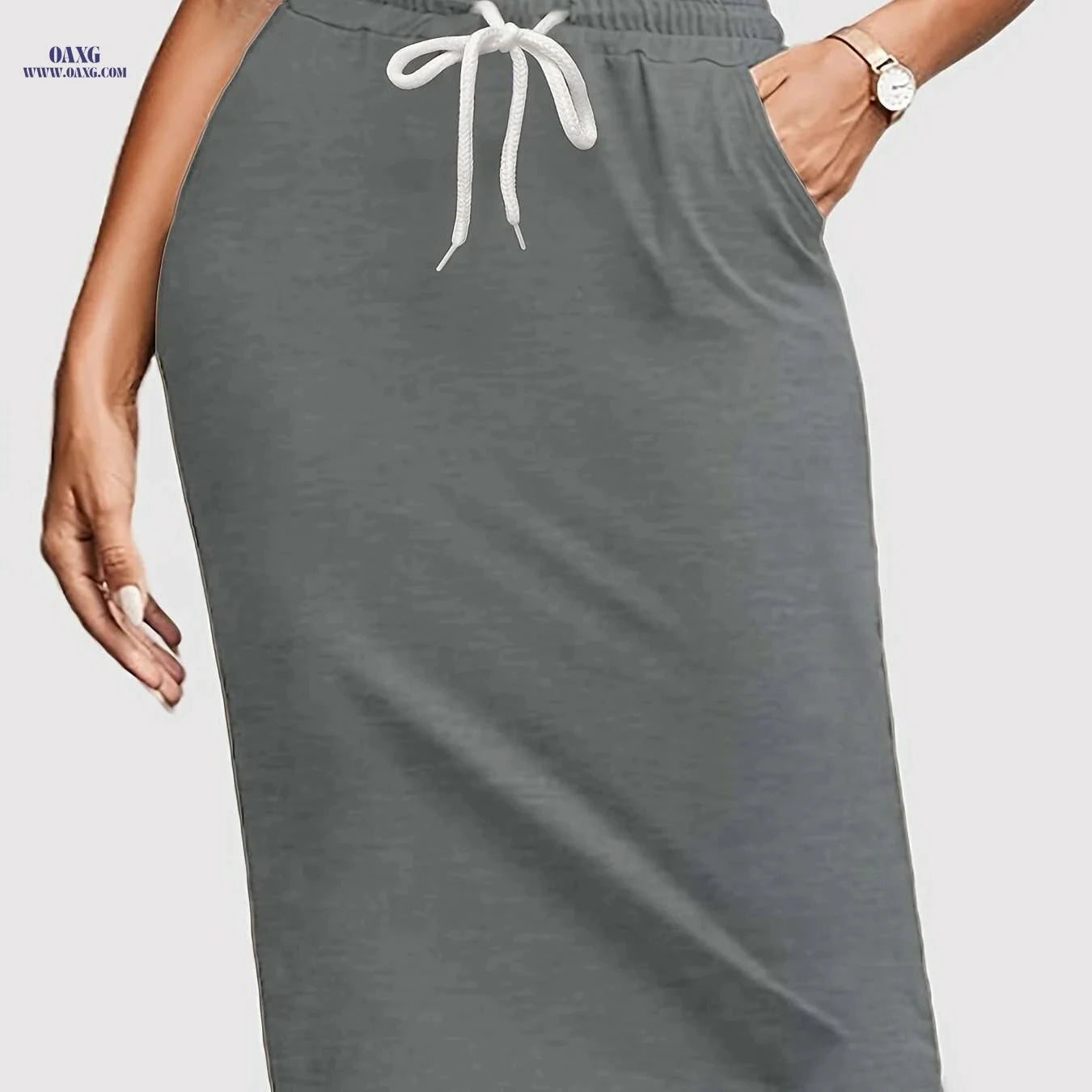 RANLEGE Casual Knee Length Skirt - Drawstring Waist with Pocket   OAXG 
