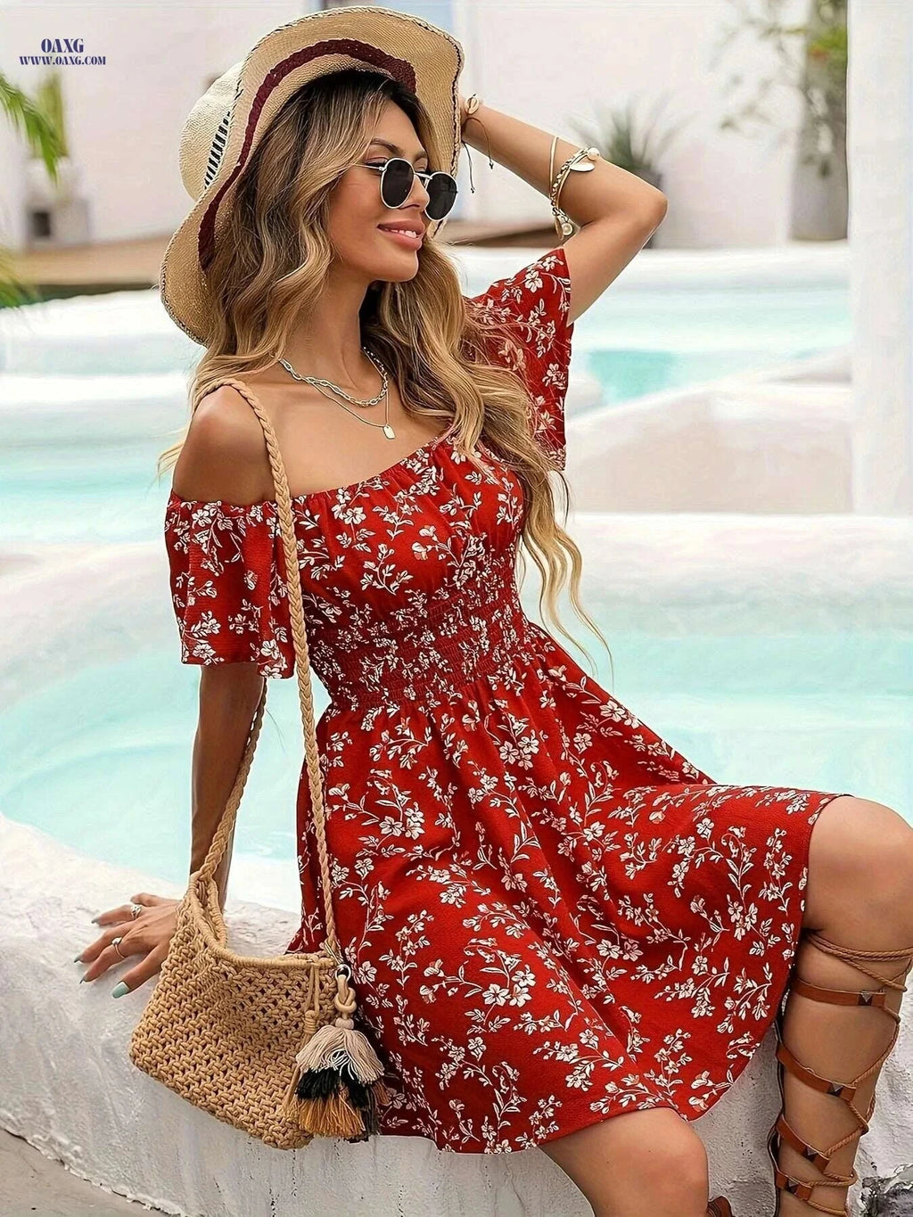 Red Floral Off-Shoulder Midi Dress - Lightweight & Machine Washable   OAXG Brick Red / S