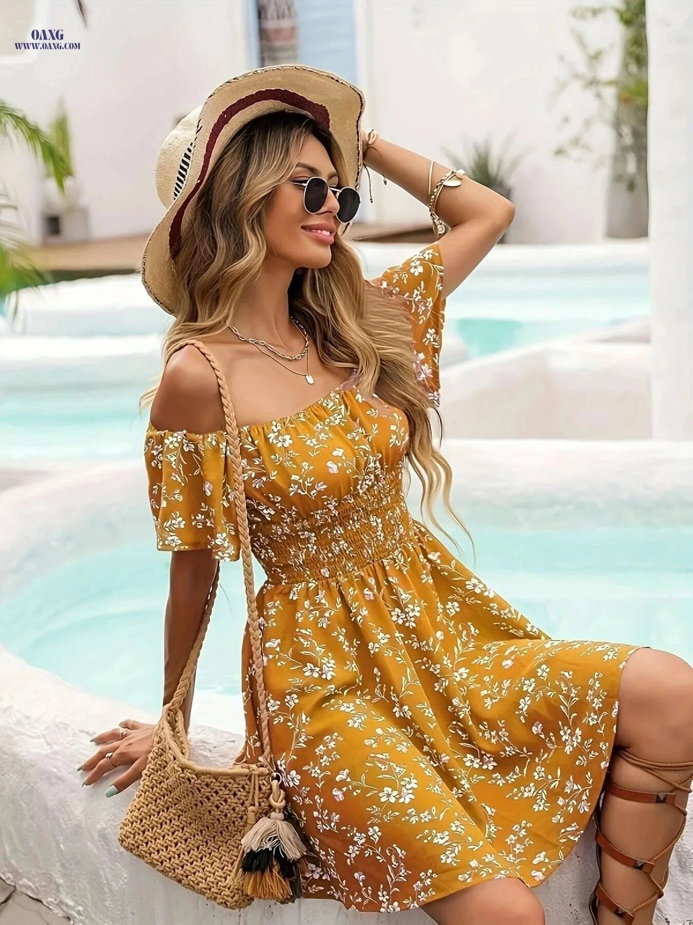 Red Floral Off-Shoulder Midi Dress - Lightweight & Machine Washable   OAXG Brick Red / S