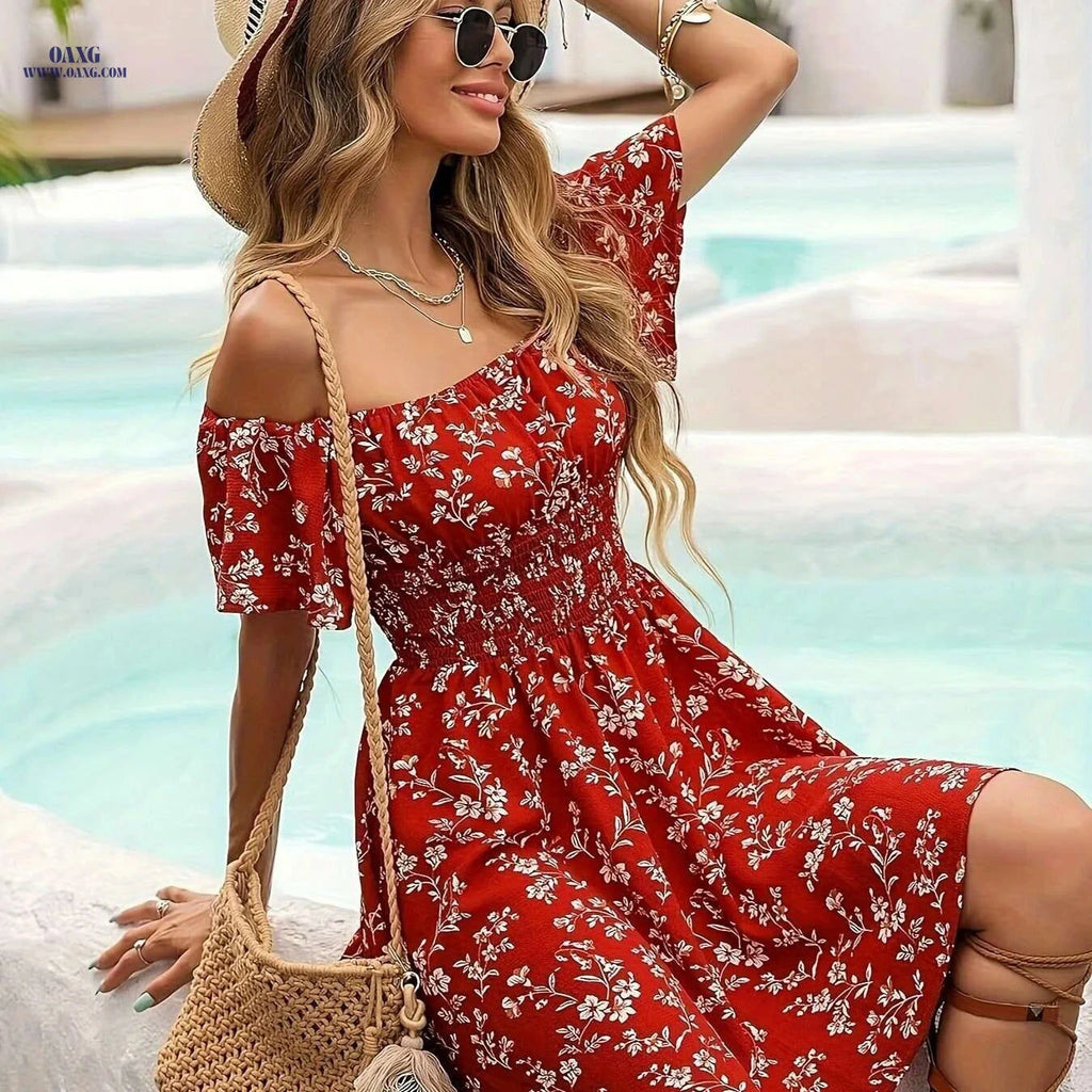 Red Floral Off-Shoulder Midi Dress - Lightweight & Machine Washable   OAXG Brick Red / S