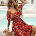 Red Floral Off-Shoulder Midi Dress - Lightweight & Machine Washable   OAXG Brick Red / S