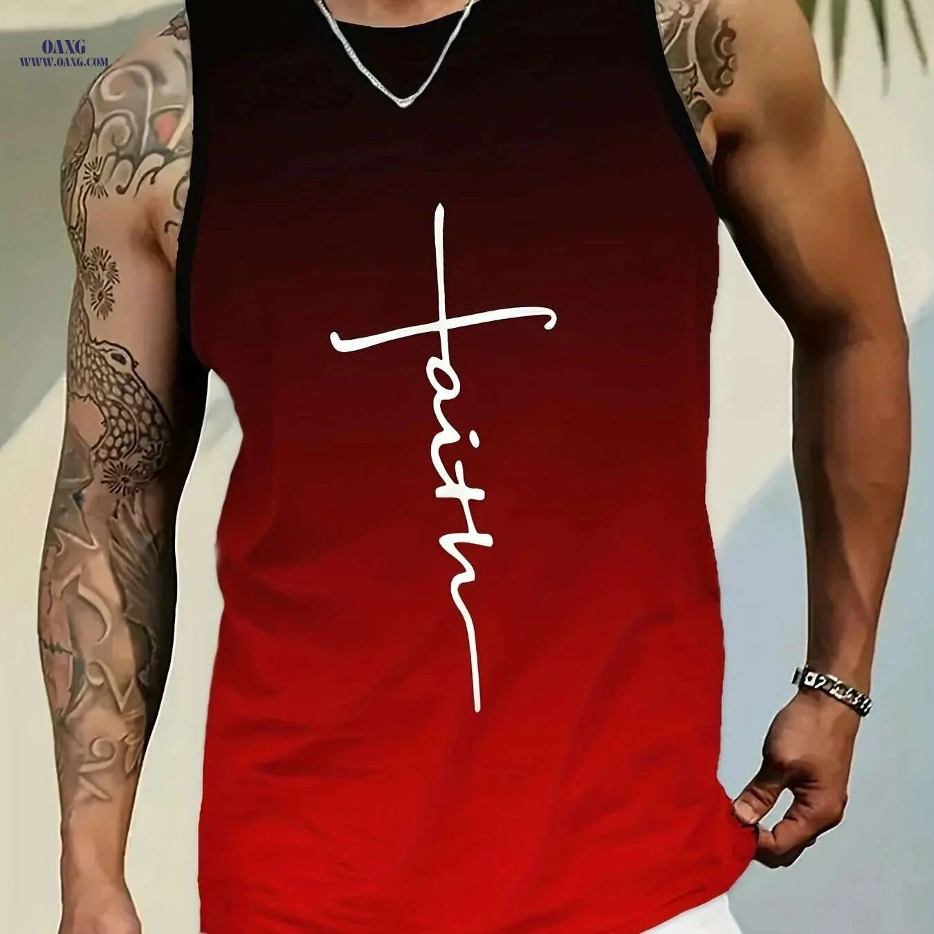 Red Gradient Men's Tank Top - "Faith" Print, Casual Sleeveless Shirt   OAXG Mixed Color / S