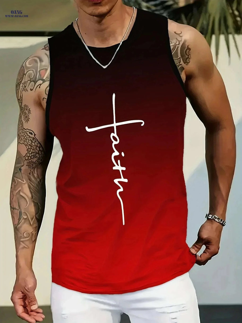 Red Gradient Men's Tank Top - "Faith" Print, Casual Sleeveless Shirt   OAXG Mixed Color / S