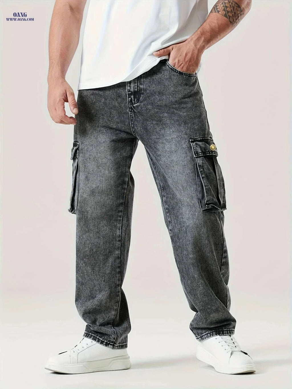 Relaxed Fit Cargo Jeans for Men - All-Season, Durable Cotton Blend   OAXG Dark Gray / S