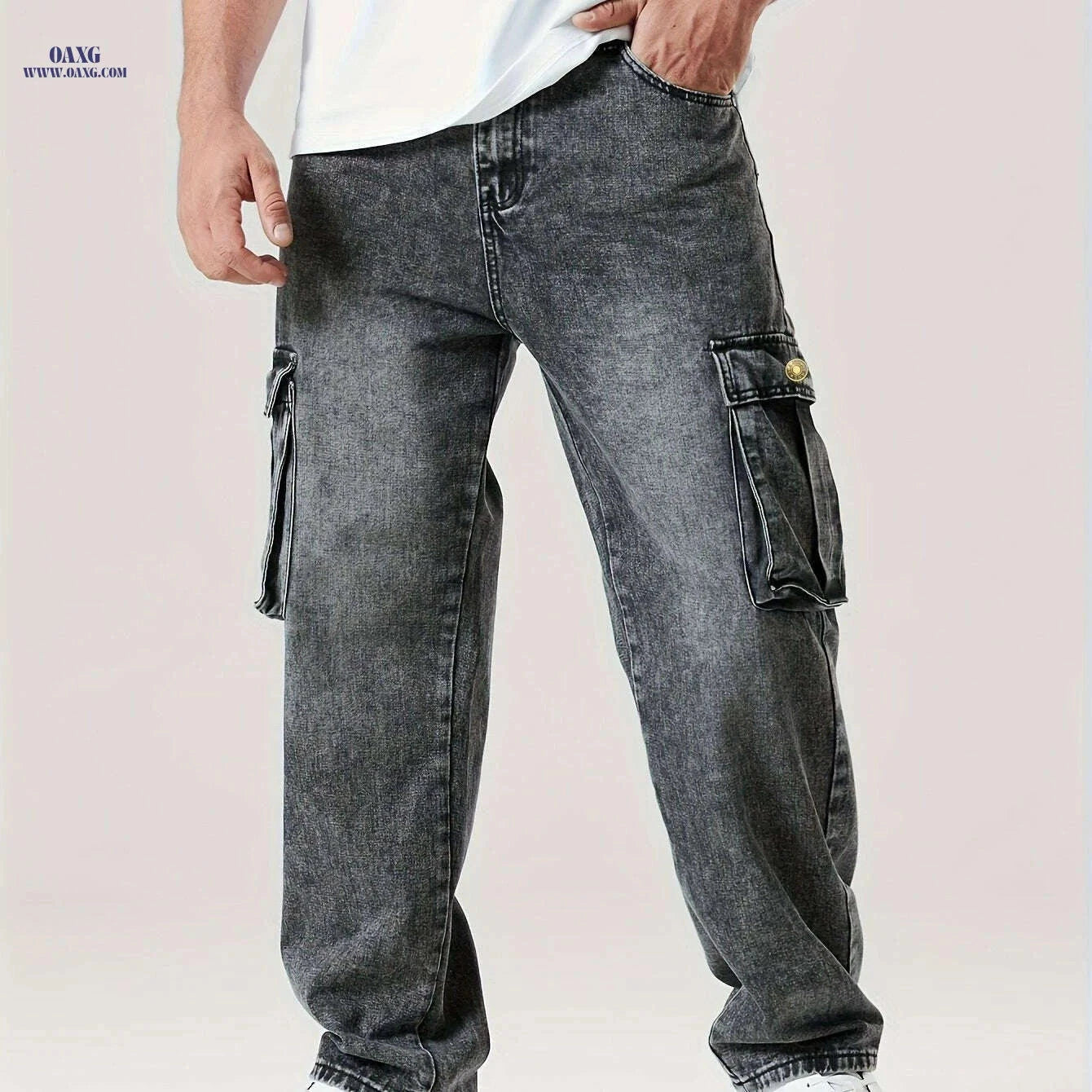 Relaxed Fit Cargo Jeans for Men - All-Season, Durable Cotton Blend   OAXG Dark Gray / S