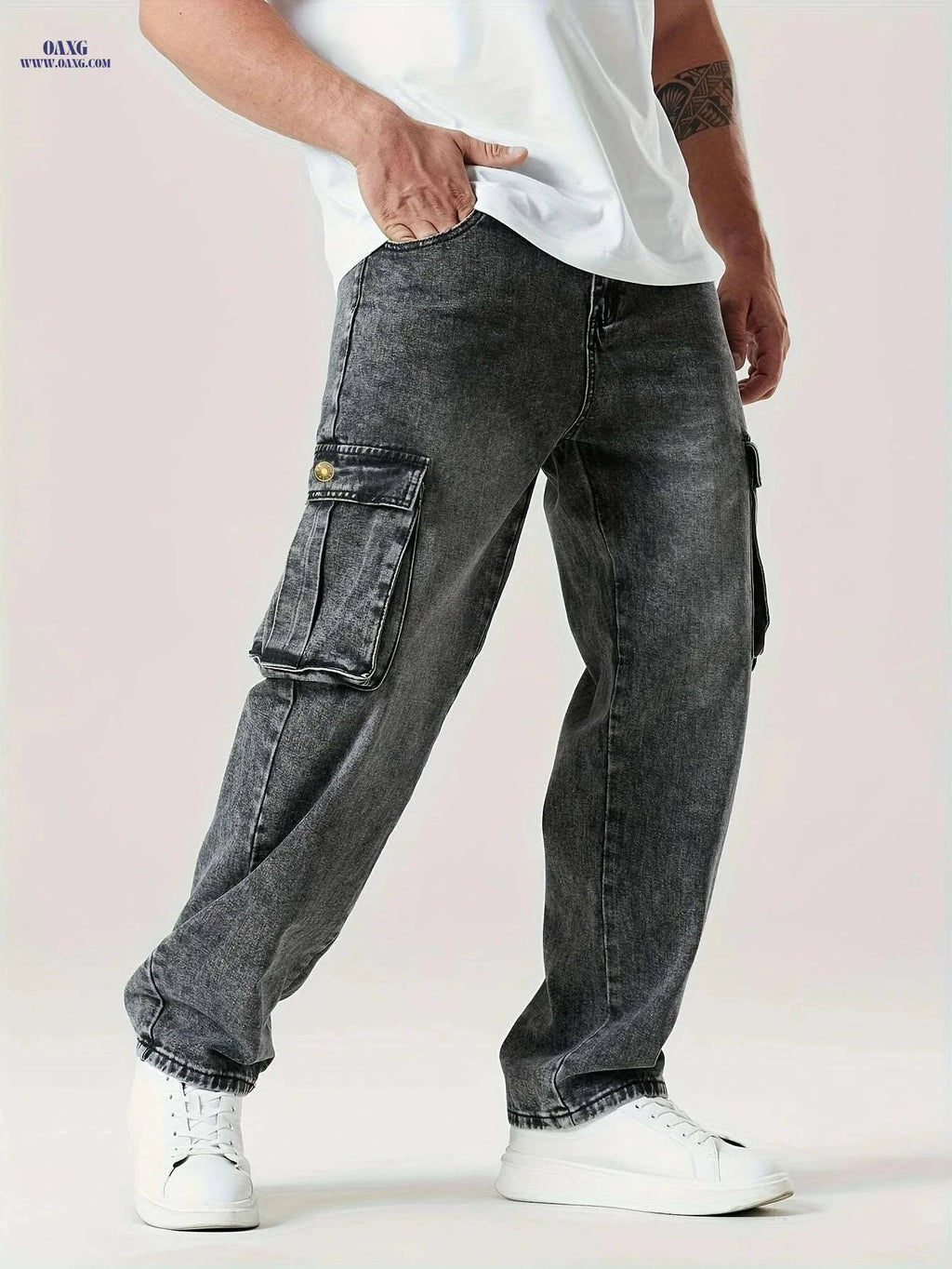 Relaxed Fit Cargo Jeans for Men - All-Season, Durable Cotton Blend   OAXG Dark Gray / S