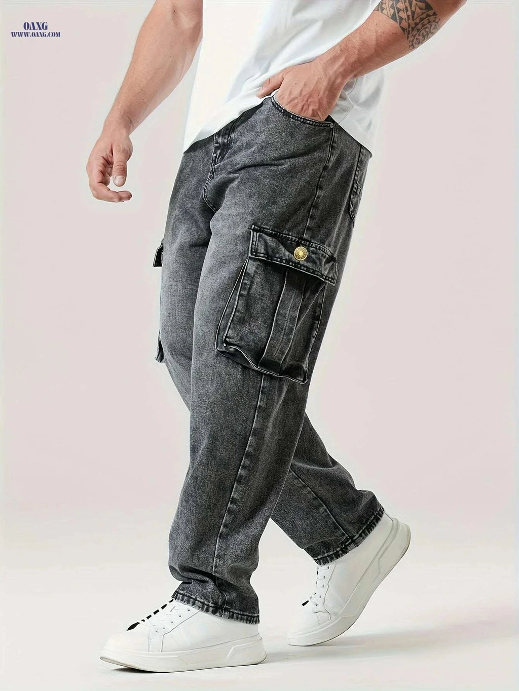 Relaxed Fit Cargo Jeans for Men - All-Season, Durable Cotton Blend   OAXG Dark Gray / S