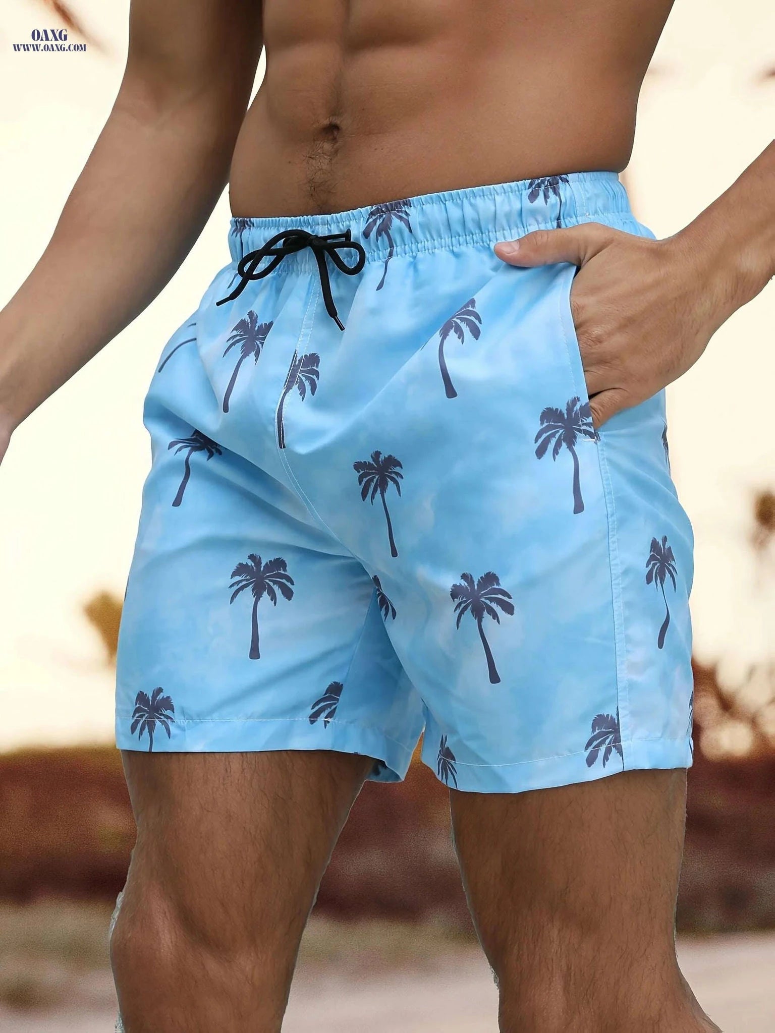 Relaxed Fit Light Blue Beach Shorts - Tropical Palm Tree Print   OAXG Deep Sky Blue / S