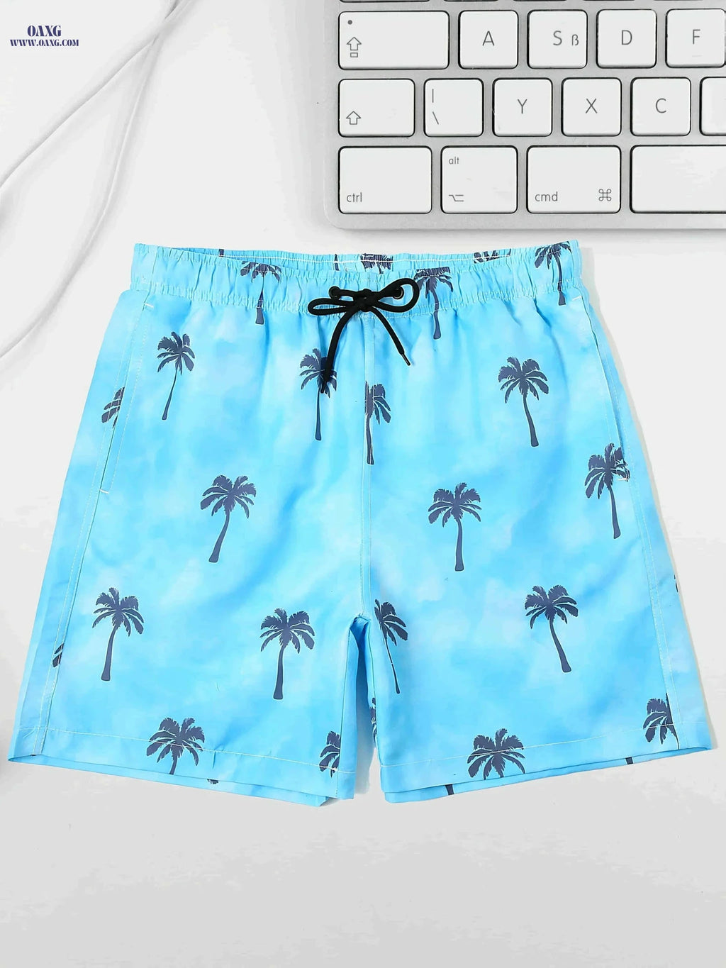 Relaxed Fit Light Blue Beach Shorts - Tropical Palm Tree Print   OAXG Deep Sky Blue / S