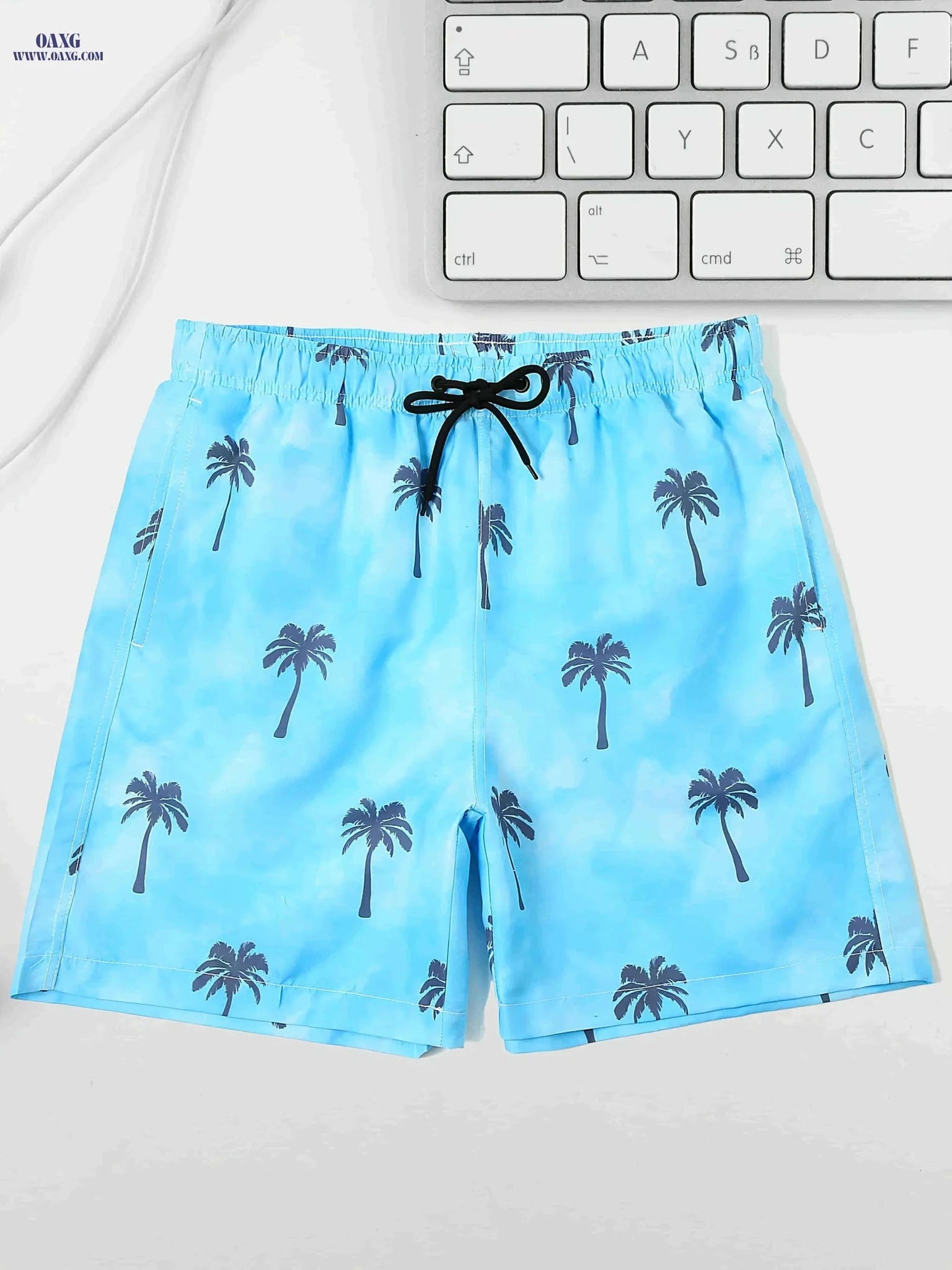 Relaxed Fit Light Blue Beach Shorts - Tropical Palm Tree Print   OAXG Deep Sky Blue / S