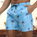 Relaxed Fit Light Blue Beach Shorts - Tropical Palm Tree Print   OAXG Deep Sky Blue / S