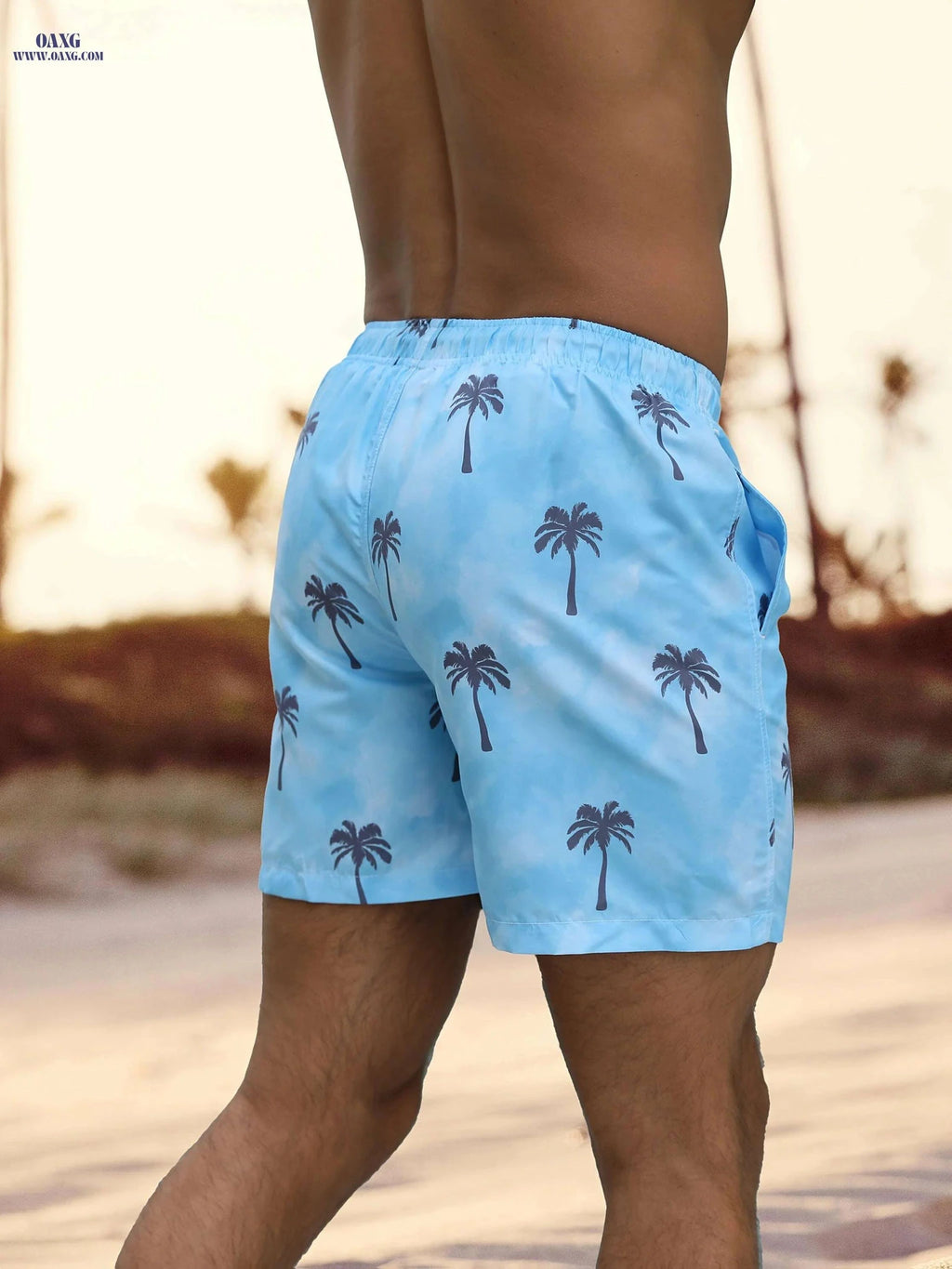 Relaxed Fit Light Blue Beach Shorts - Tropical Palm Tree Print   OAXG Deep Sky Blue / S