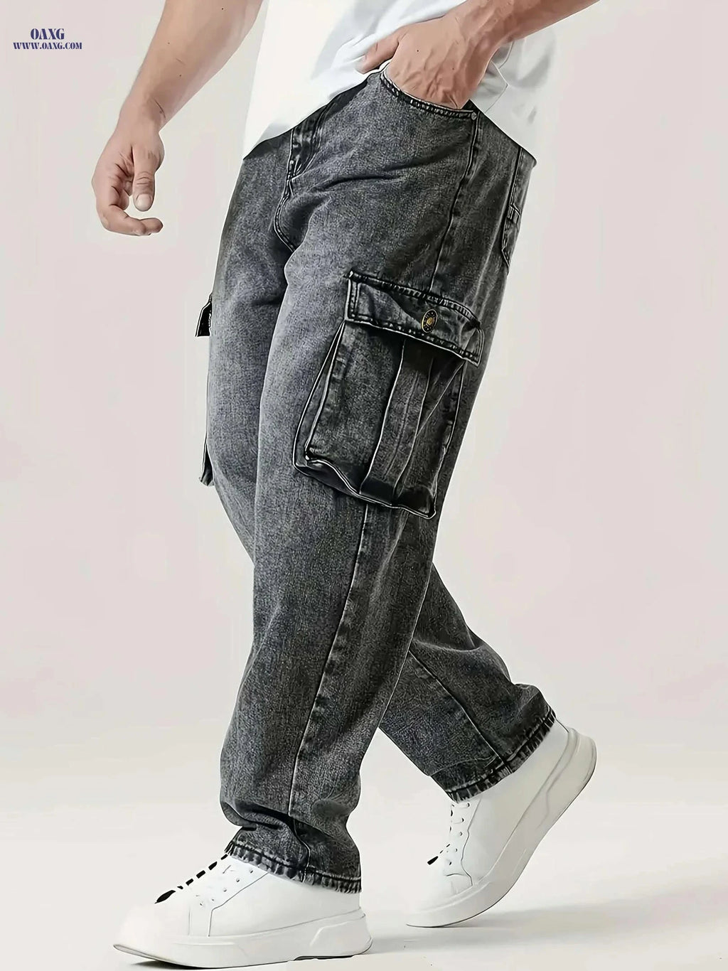 Relaxed Fit Men's Denim Cargo Pants - Large Pockets for Casual Style   OAXG 