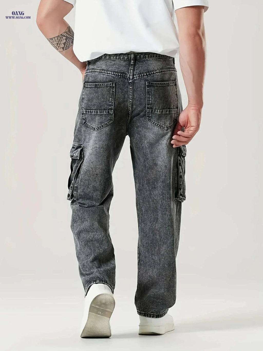 Relaxed Fit Men's Denim Cargo Pants - Large Pockets for Casual Style   OAXG Black / S