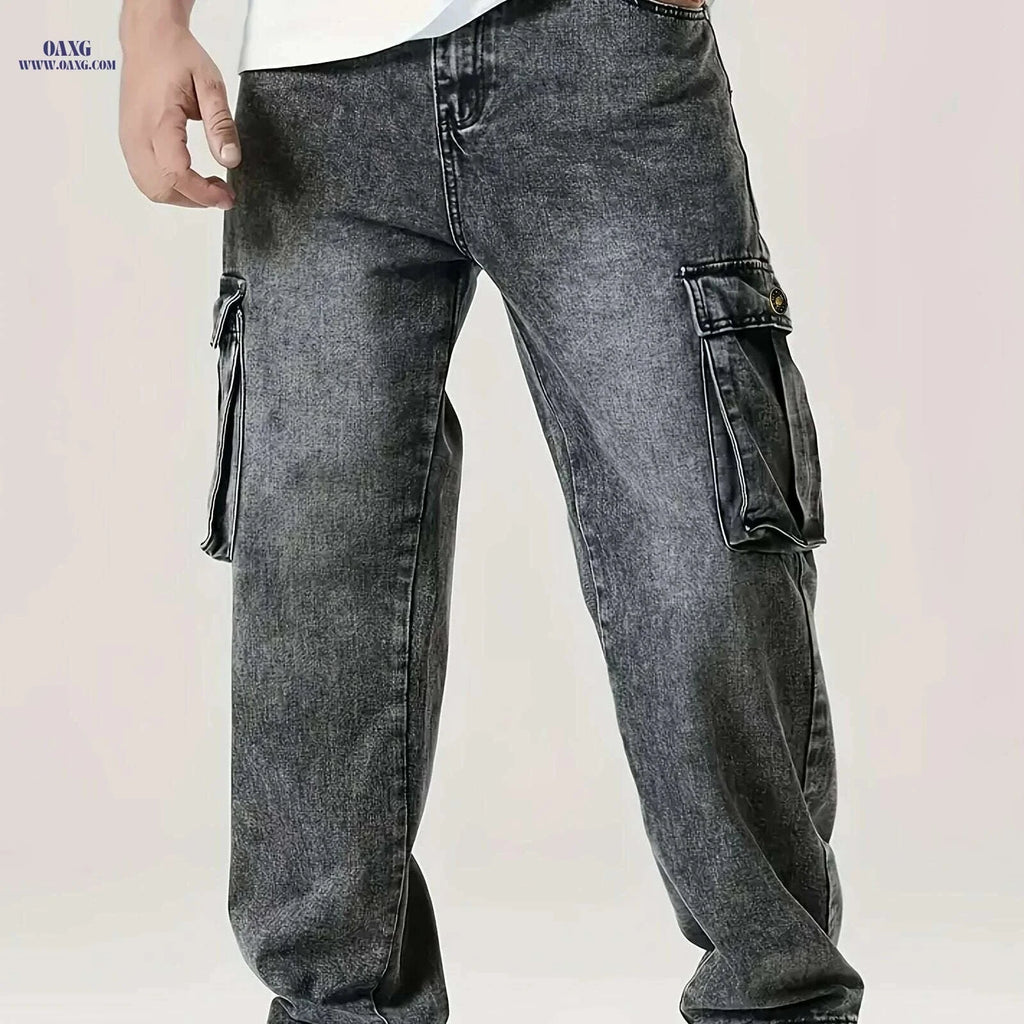 Relaxed Fit Men's Denim Cargo Pants - Large Pockets for Casual Style   OAXG Black / S
