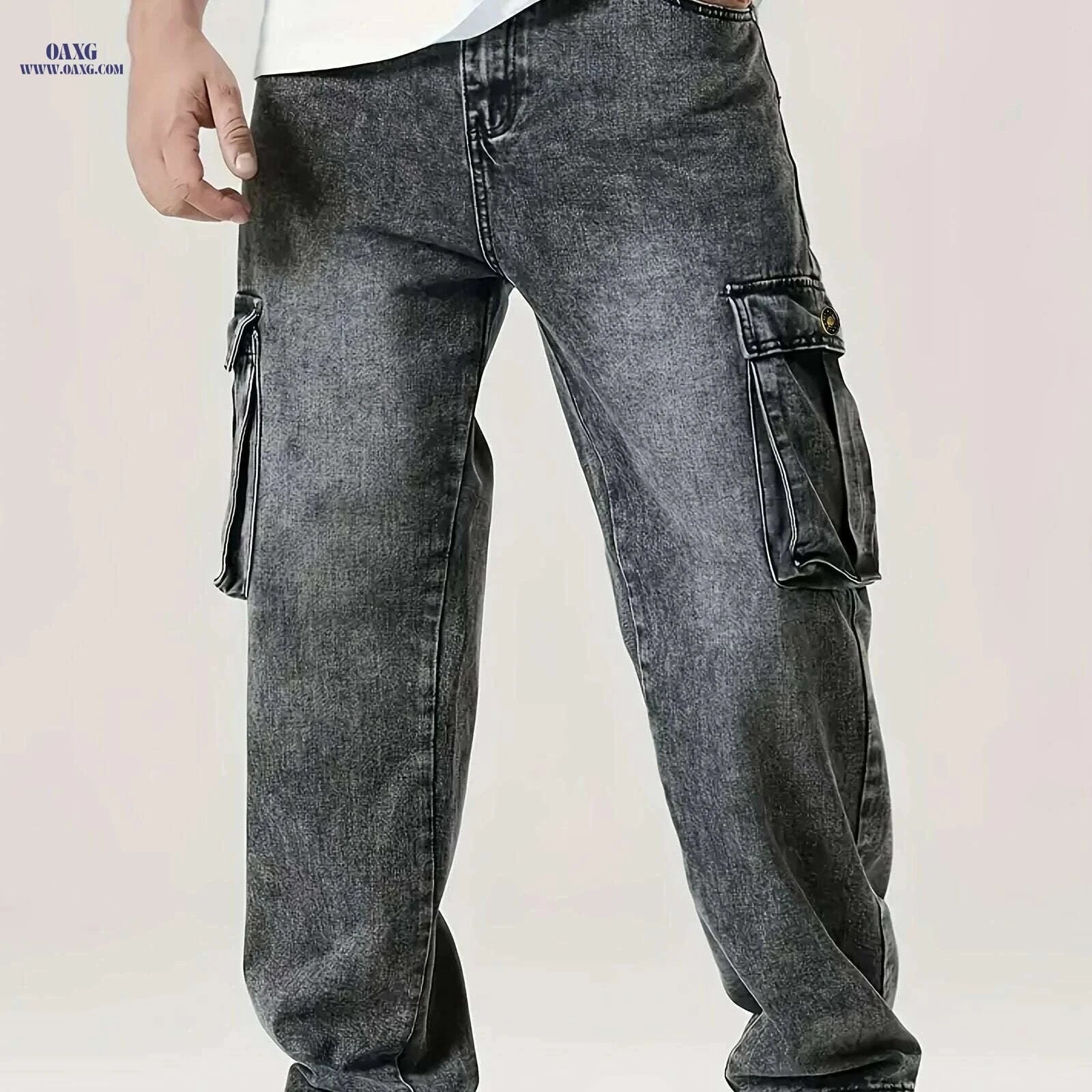 Relaxed Fit Men's Denim Cargo Pants - Large Pockets for Casual Style   OAXG Black / S