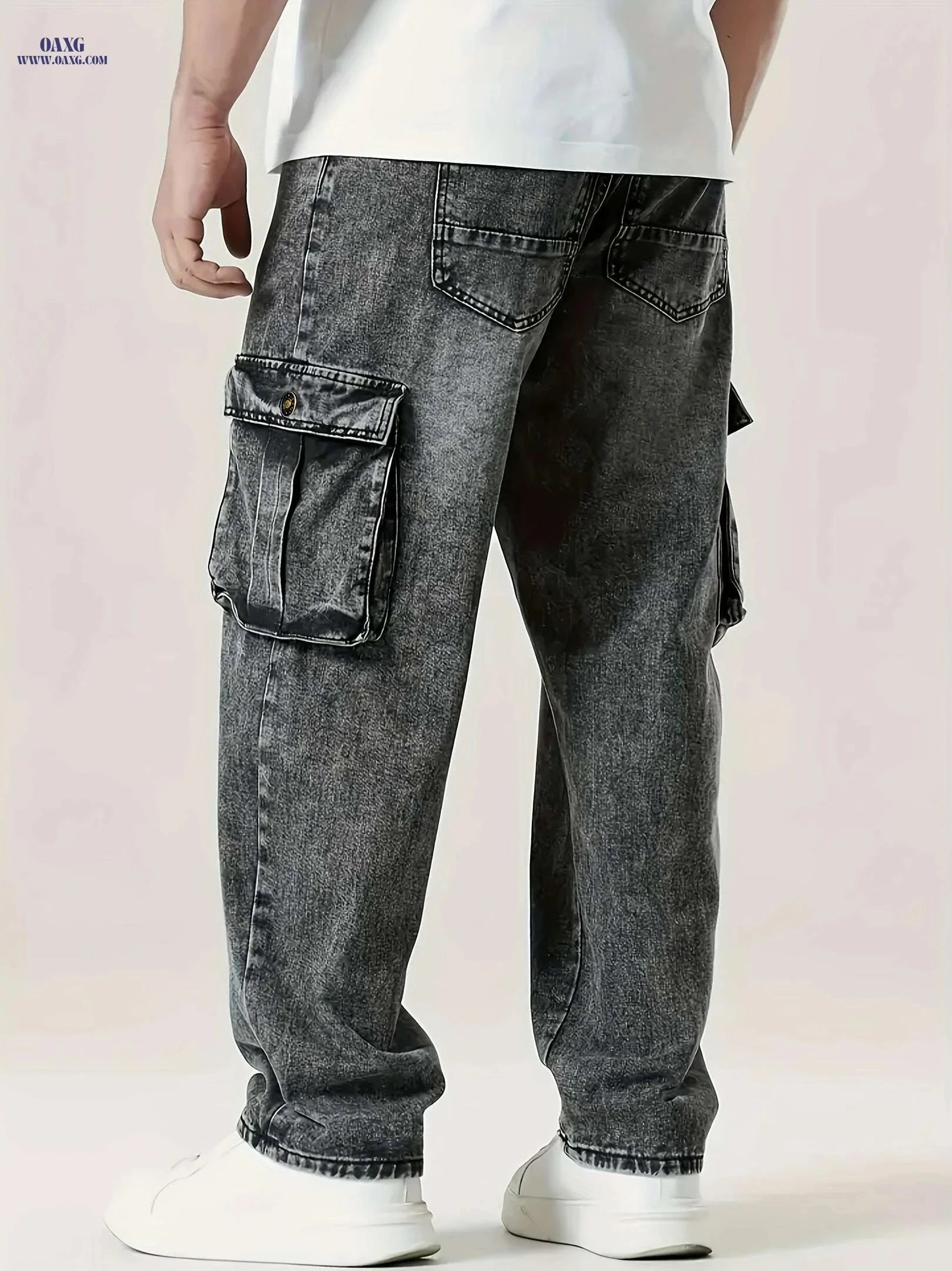 Relaxed Fit Men's Denim Cargo Pants - Large Pockets for Casual Style   OAXG Black / S