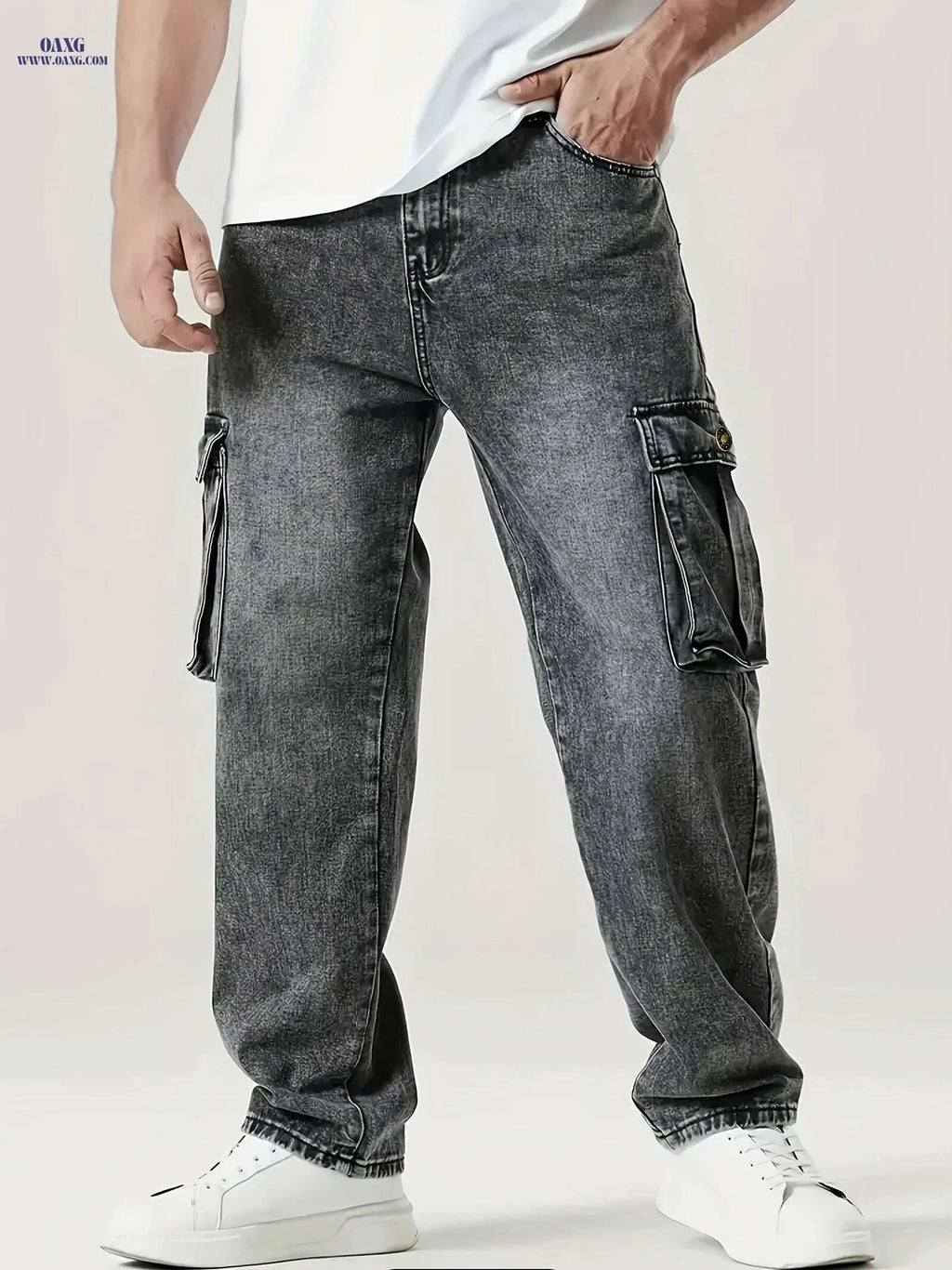 Relaxed Fit Men's Denim Cargo Pants - Large Pockets for Casual Style   OAXG Black / S
