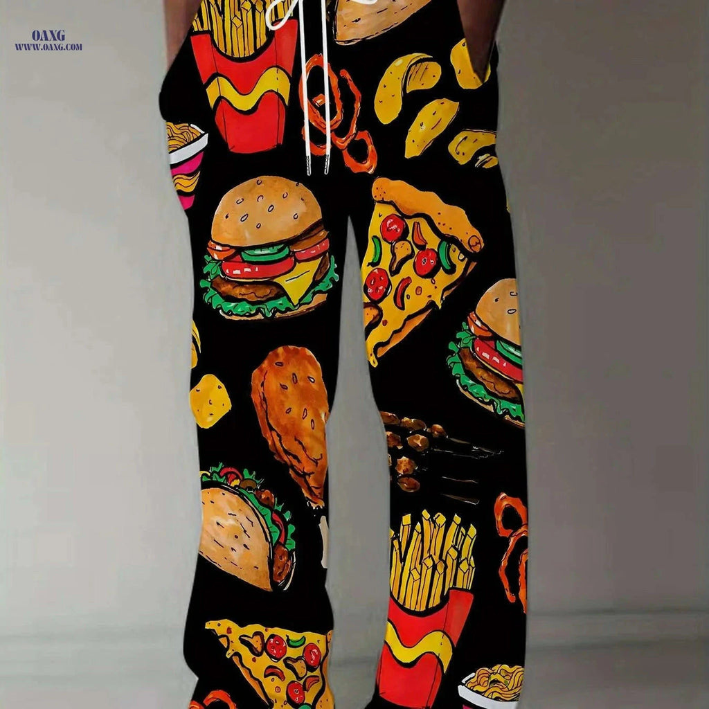 Retro Black Men's Casual Loose-Fit Pants - Vibrant Fast Food Print   OAXG 
