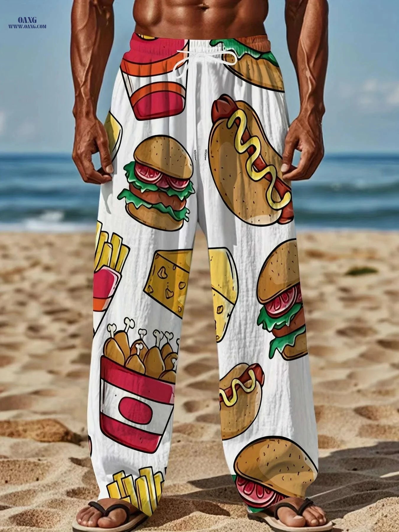 Retro Black Men's Casual Loose-Fit Pants - Vibrant Fast Food Print   OAXG Mixed Color / M