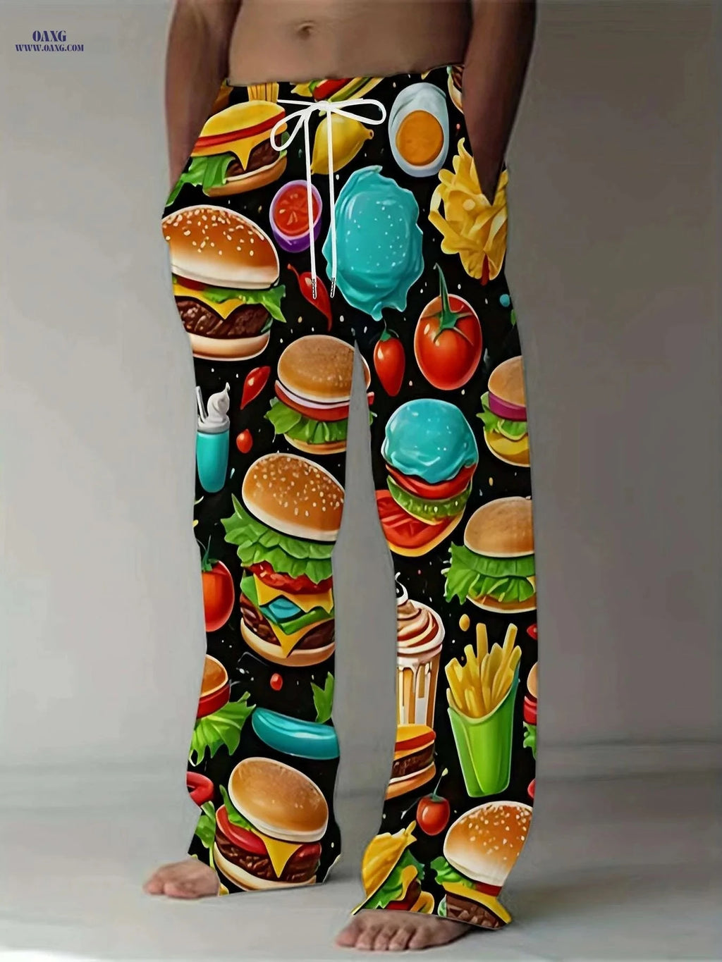 Retro Black Men's Casual Loose-Fit Pants - Vibrant Fast Food Print   OAXG Mixed Color / M