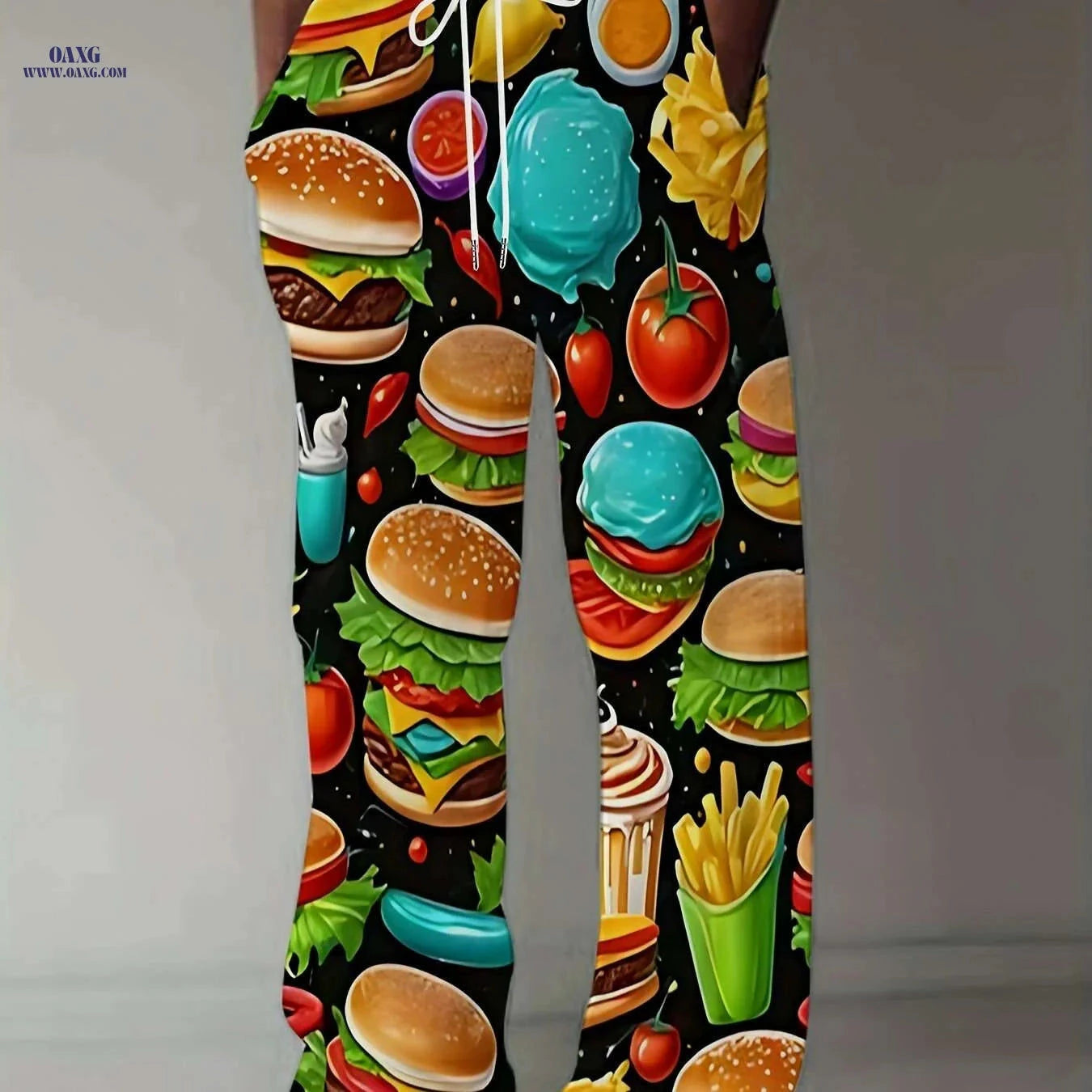 Retro Black Men's Casual Loose-Fit Pants - Vibrant Fast Food Print   OAXG Mixed Color / M