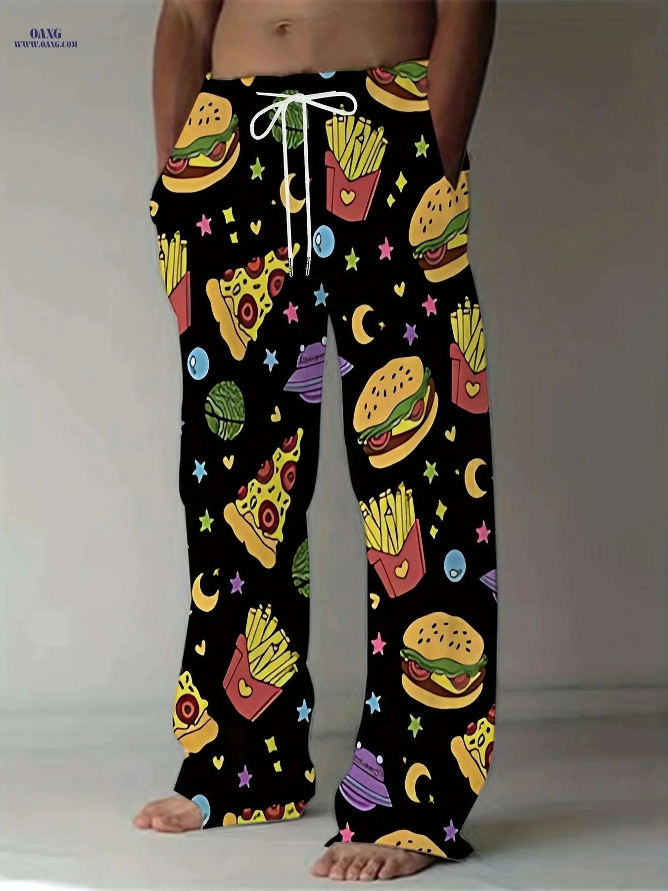 Retro Black Men's Casual Loose-Fit Pants - Vibrant Fast Food Print   OAXG 