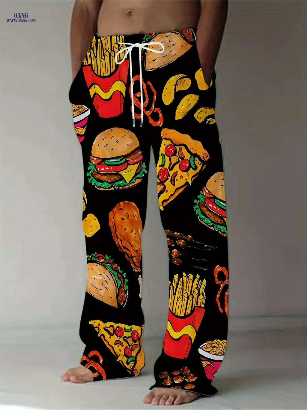 Retro Black Men's Casual Loose-Fit Pants - Vibrant Fast Food Print   OAXG 