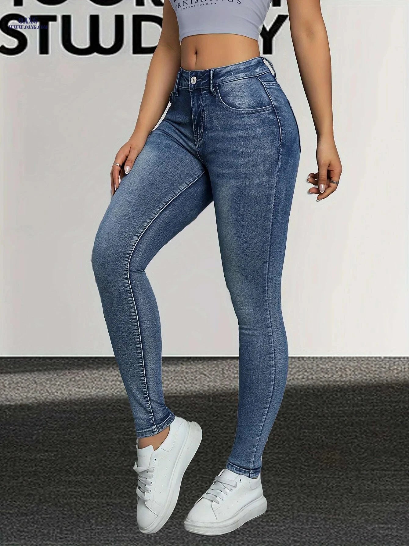Retro Blue Skinny Pants - High Waist, Casual Fit for All Seasons   OAXG Deep Blue / XS
