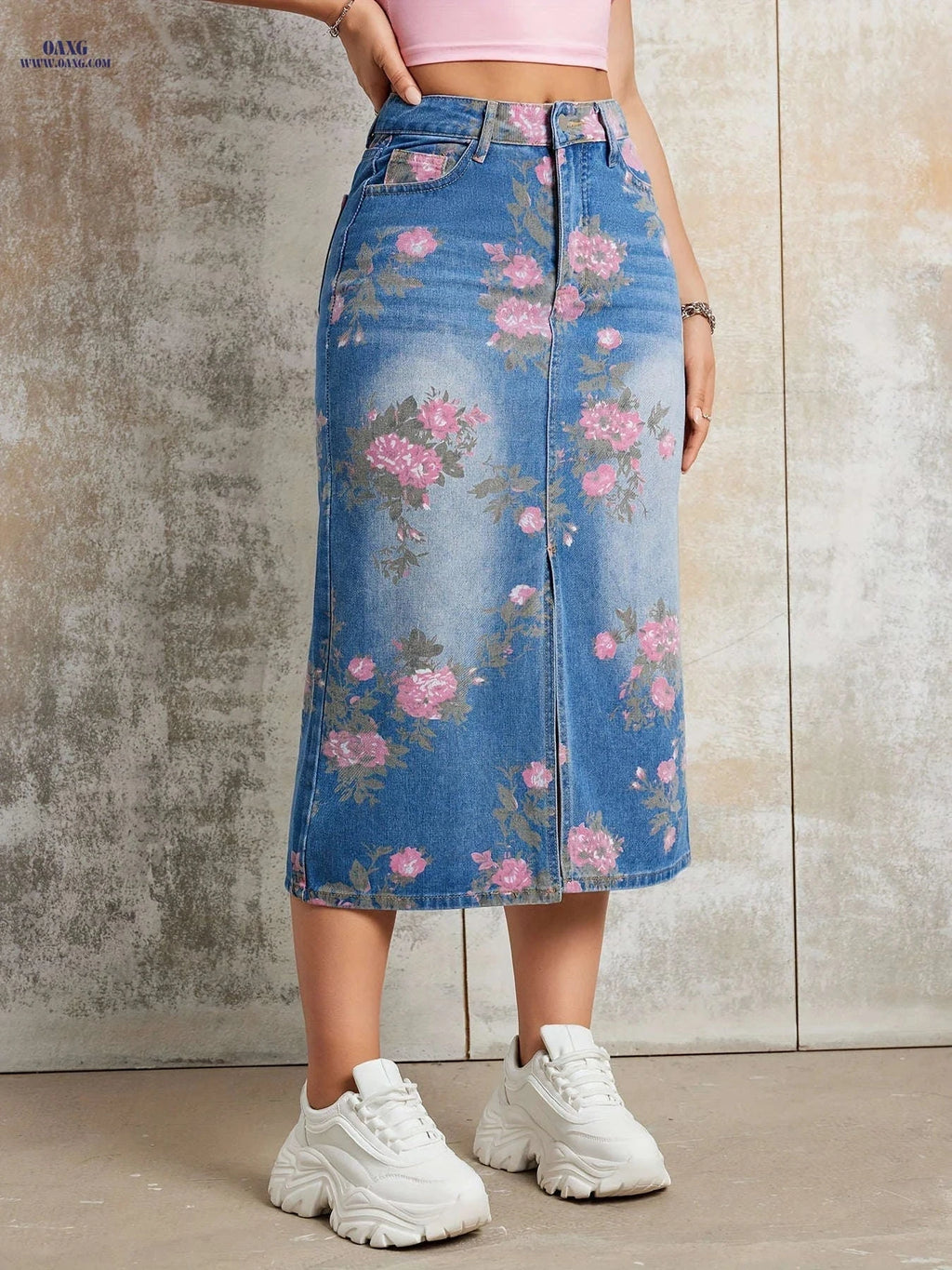 Retro Floral Print Denim Midi Skirt - Non-Stretch Women's Style   OAXG 
