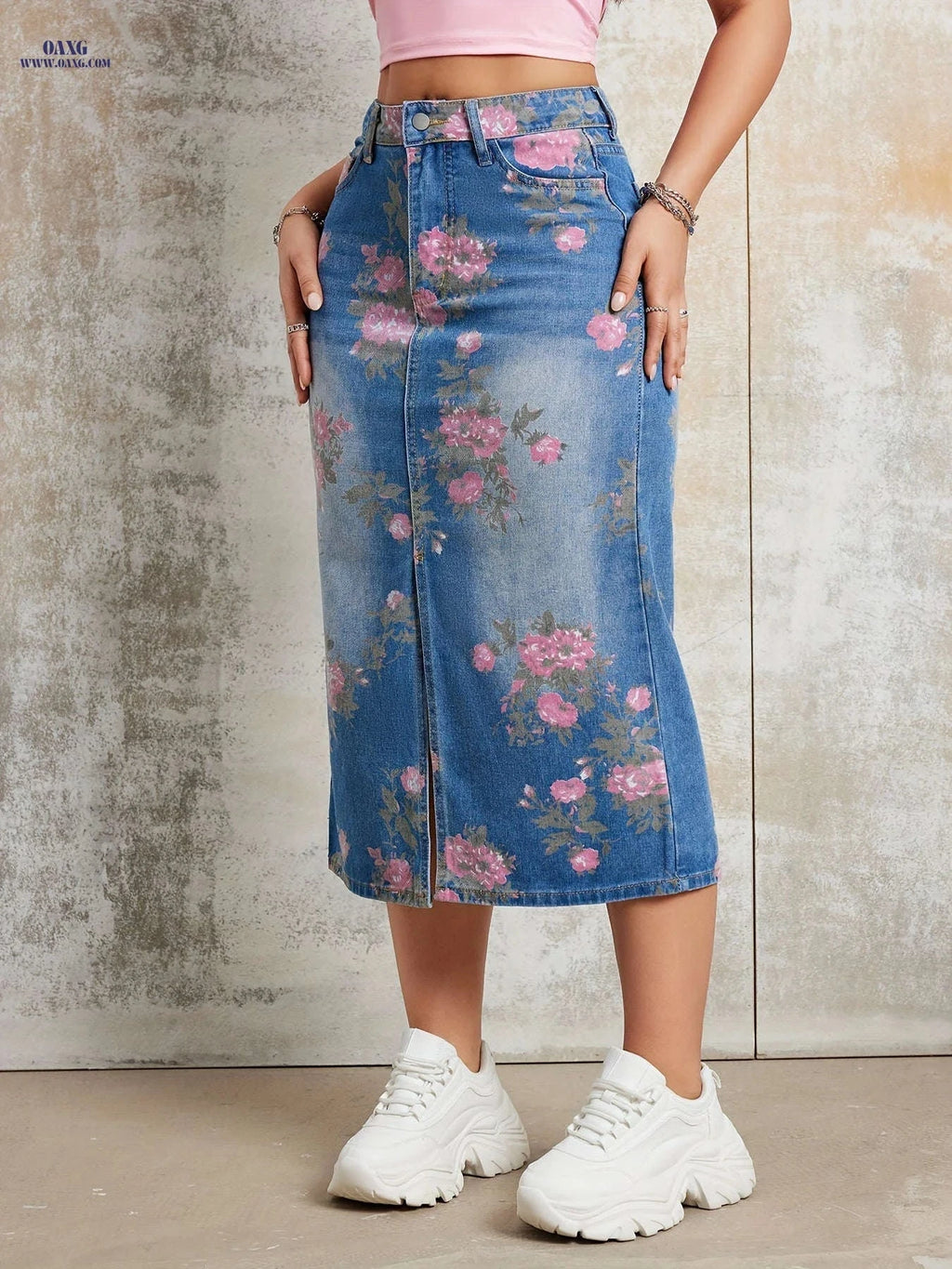 Retro Floral Print Denim Midi Skirt - Non-Stretch Women's Style   OAXG Peacock Blue / XS