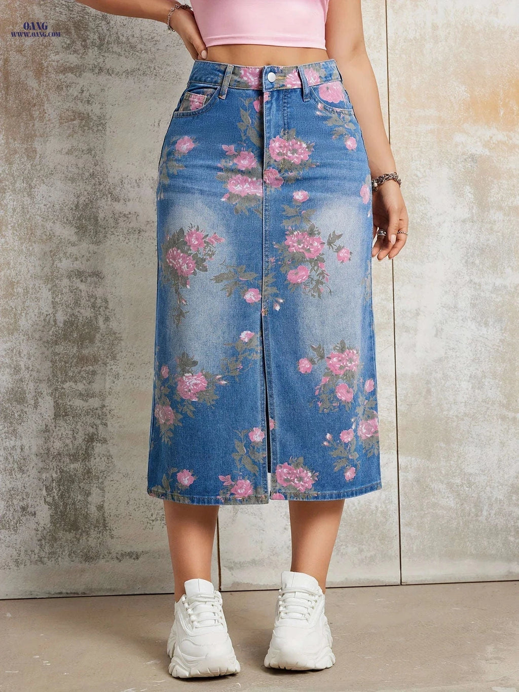 Retro Floral Print Denim Midi Skirt - Non-Stretch Women's Style   OAXG Peacock Blue / XS