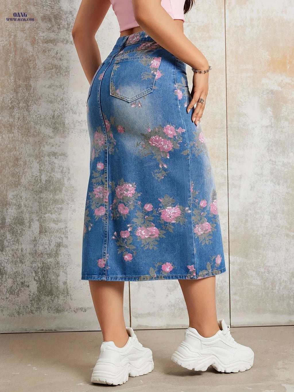 Retro Floral Print Denim Midi Skirt - Non-Stretch Women's Style   OAXG Peacock Blue / XS