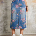 Retro Floral Print Denim Midi Skirt - Non-Stretch Women's Style   OAXG 