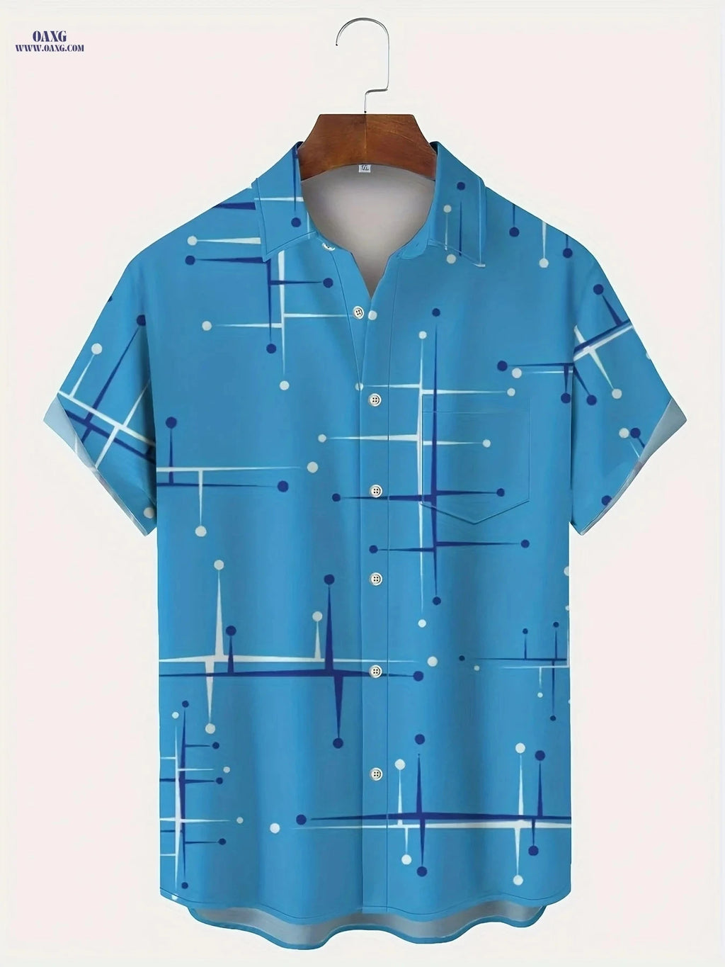 Retro Geometric Line Shirt - Men's Short Sleeve Pocket Style   OAXG Deep Sky Blue / FR S