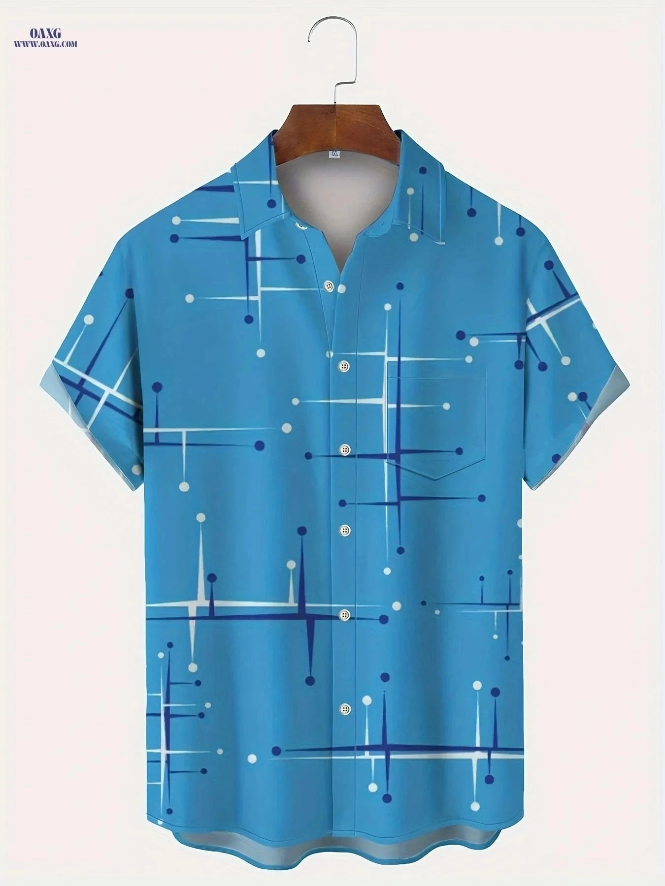 Retro Geometric Line Shirt - Men's Short Sleeve Pocket Style   OAXG Deep Sky Blue / FR S
