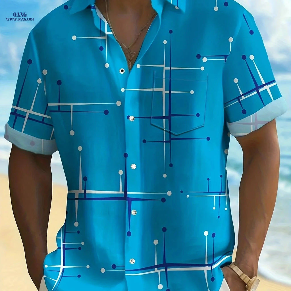 Retro Geometric Line Shirt - Men's Short Sleeve Pocket Style   OAXG Deep Sky Blue / FR S