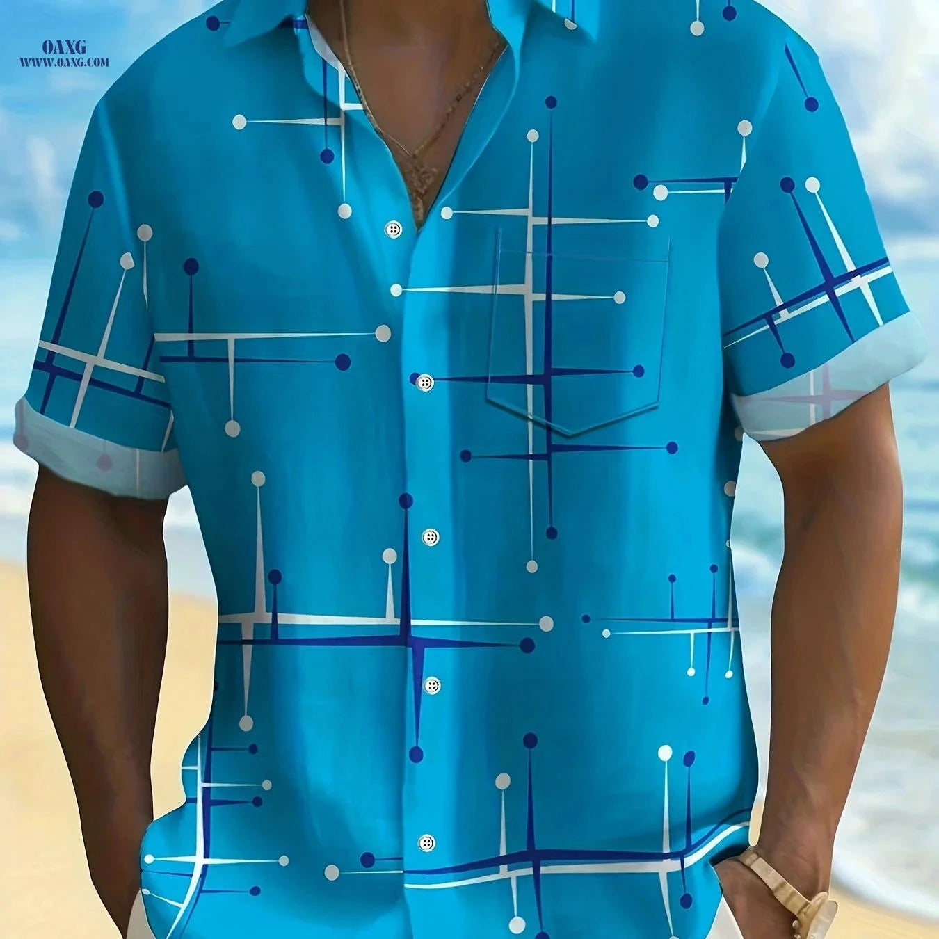 Retro Geometric Line Shirt - Men's Short Sleeve Pocket Style   OAXG Deep Sky Blue / FR S