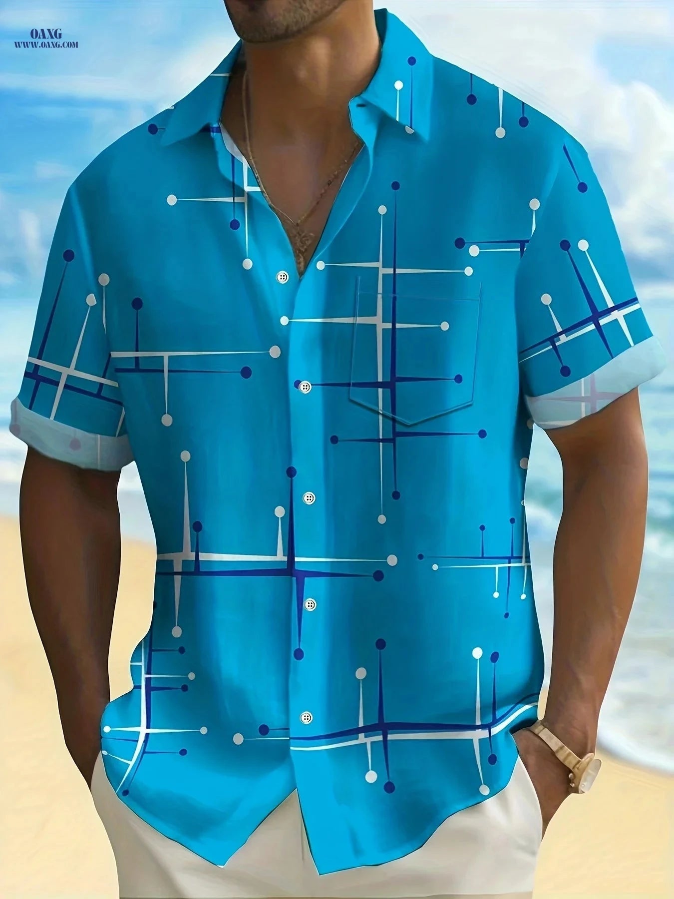 Retro Geometric Line Shirt - Men's Short Sleeve Pocket Style   OAXG 