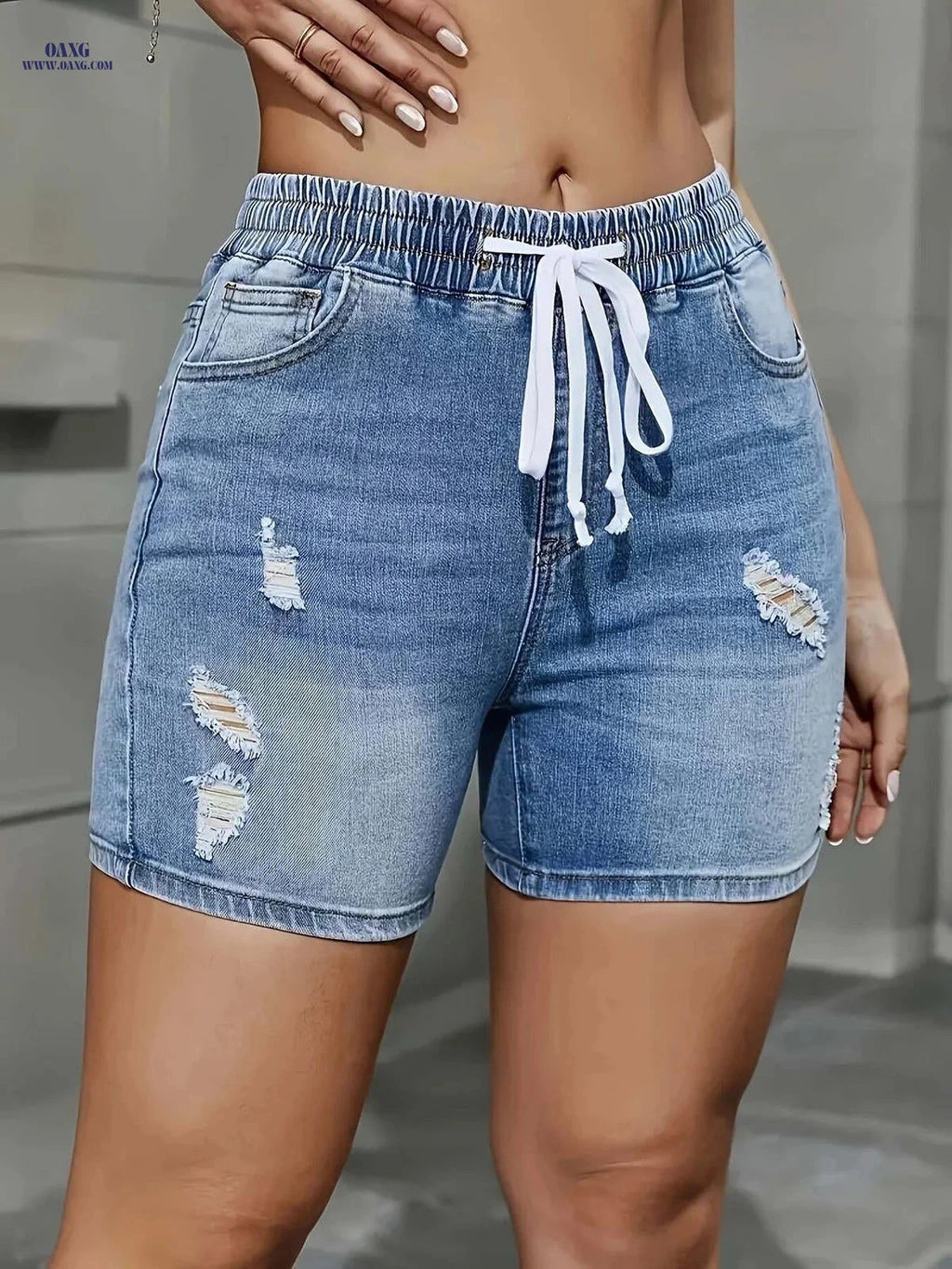 Retro High-Stretch Denim Shorts for Women - Mid-Waist, Casual Fit   OAXG 