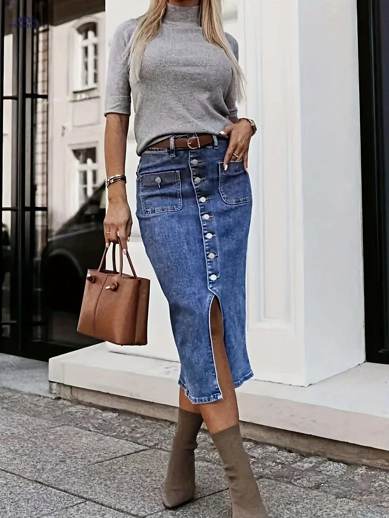 Retro High-Waisted Denim Skirt - Mid-Length, Button-Up Style   OAXG Sea Blue / S