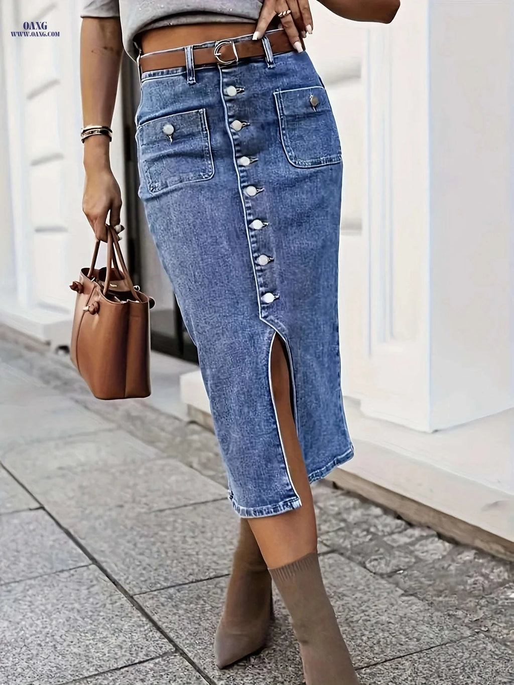 Retro High-Waisted Denim Skirt - Mid-Length, Button-Up Style   OAXG Sea Blue / S