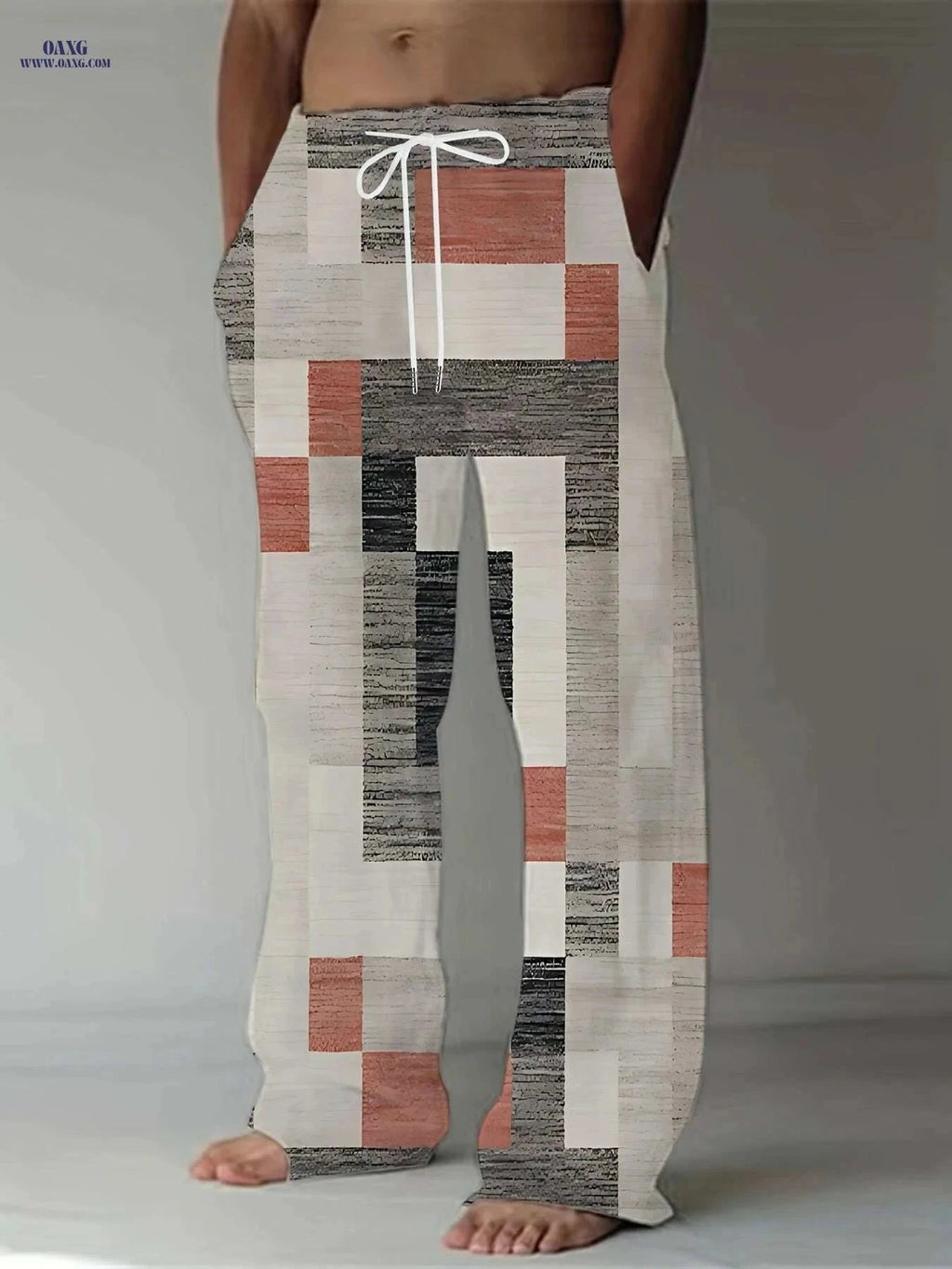 Retro Men's Straight-Leg Pants - Vibrant Patchwork Print & Drawstring   OAXG Mixed Color / M