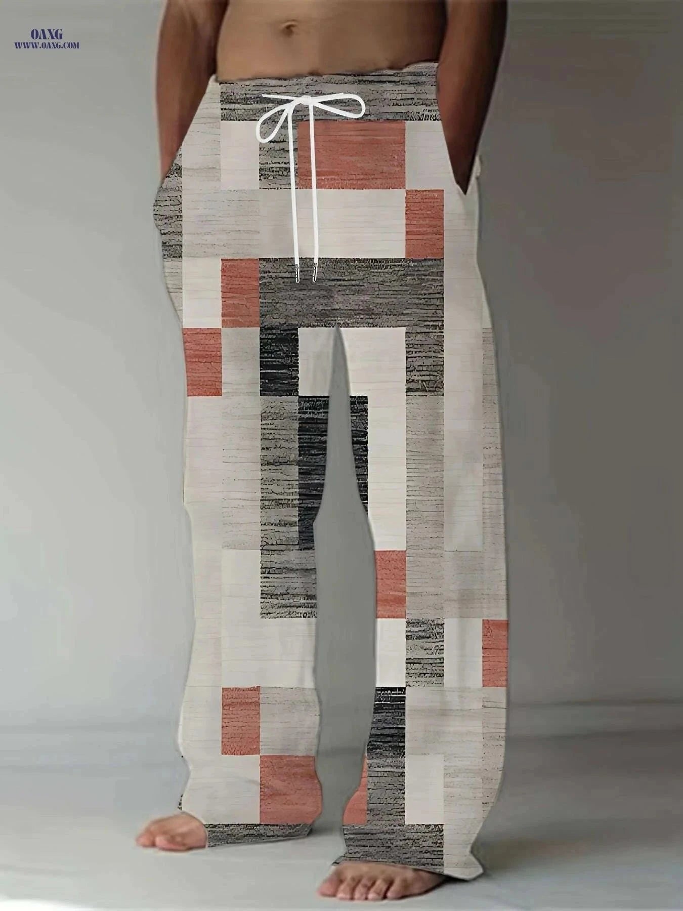 Retro Men's Straight-Leg Pants - Vibrant Patchwork Print & Drawstring   OAXG Mixed Color / M