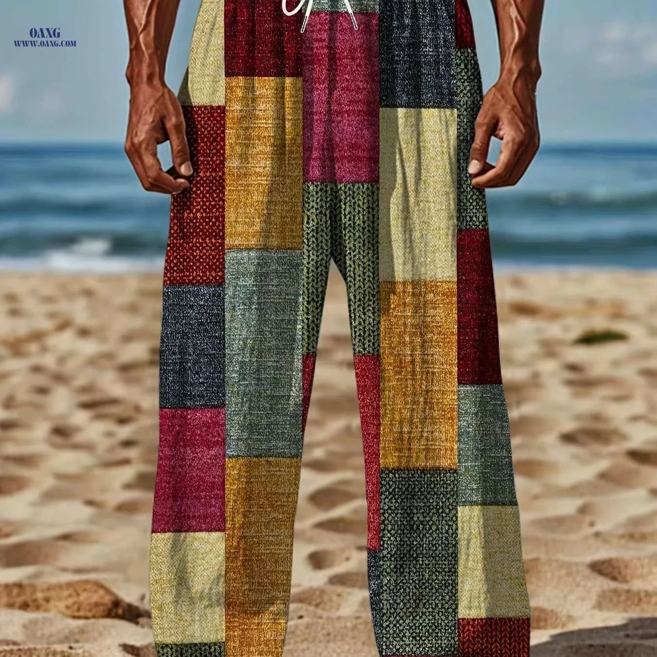 Retro Men's Straight-Leg Pants - Vibrant Patchwork Print & Drawstring   OAXG Mixed Color / M