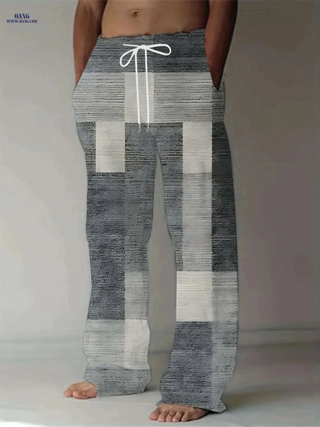 Retro Men's Straight-Leg Pants - Vibrant Patchwork Print & Drawstring   OAXG Mixed Color / M
