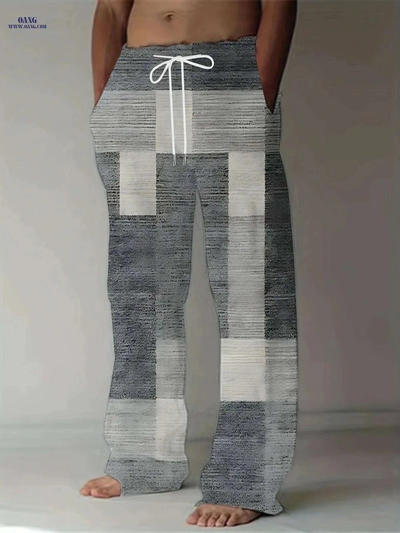 Retro Men's Straight-Leg Pants - Vibrant Patchwork Print & Drawstring   OAXG Mixed Color / M