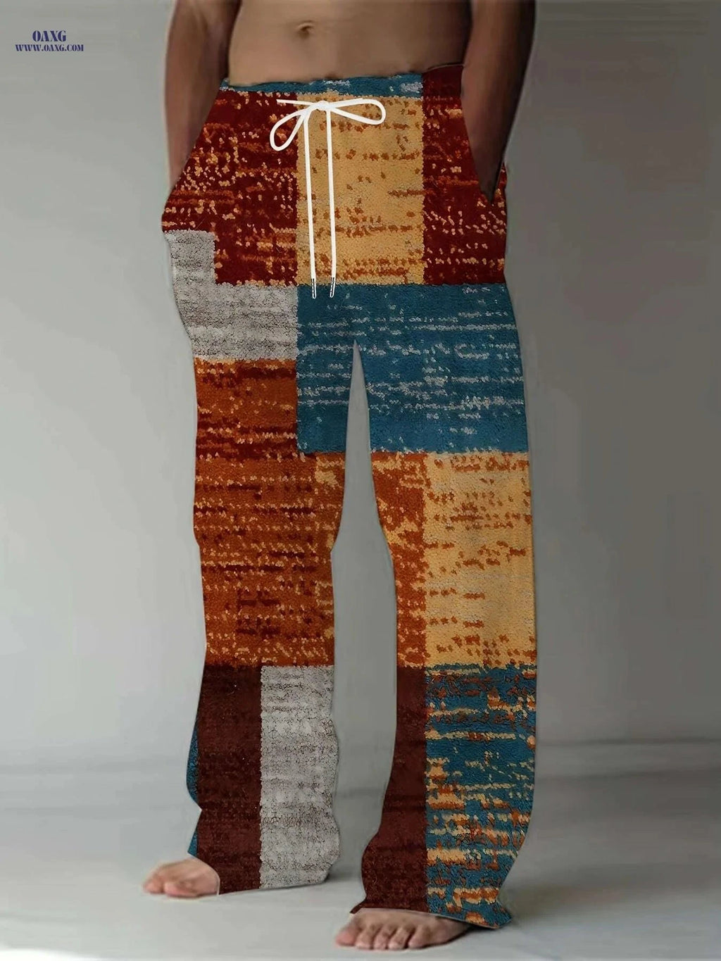 Retro Men's Straight-Leg Pants - Vibrant Patchwork Print & Drawstring   OAXG Mixed Color / M