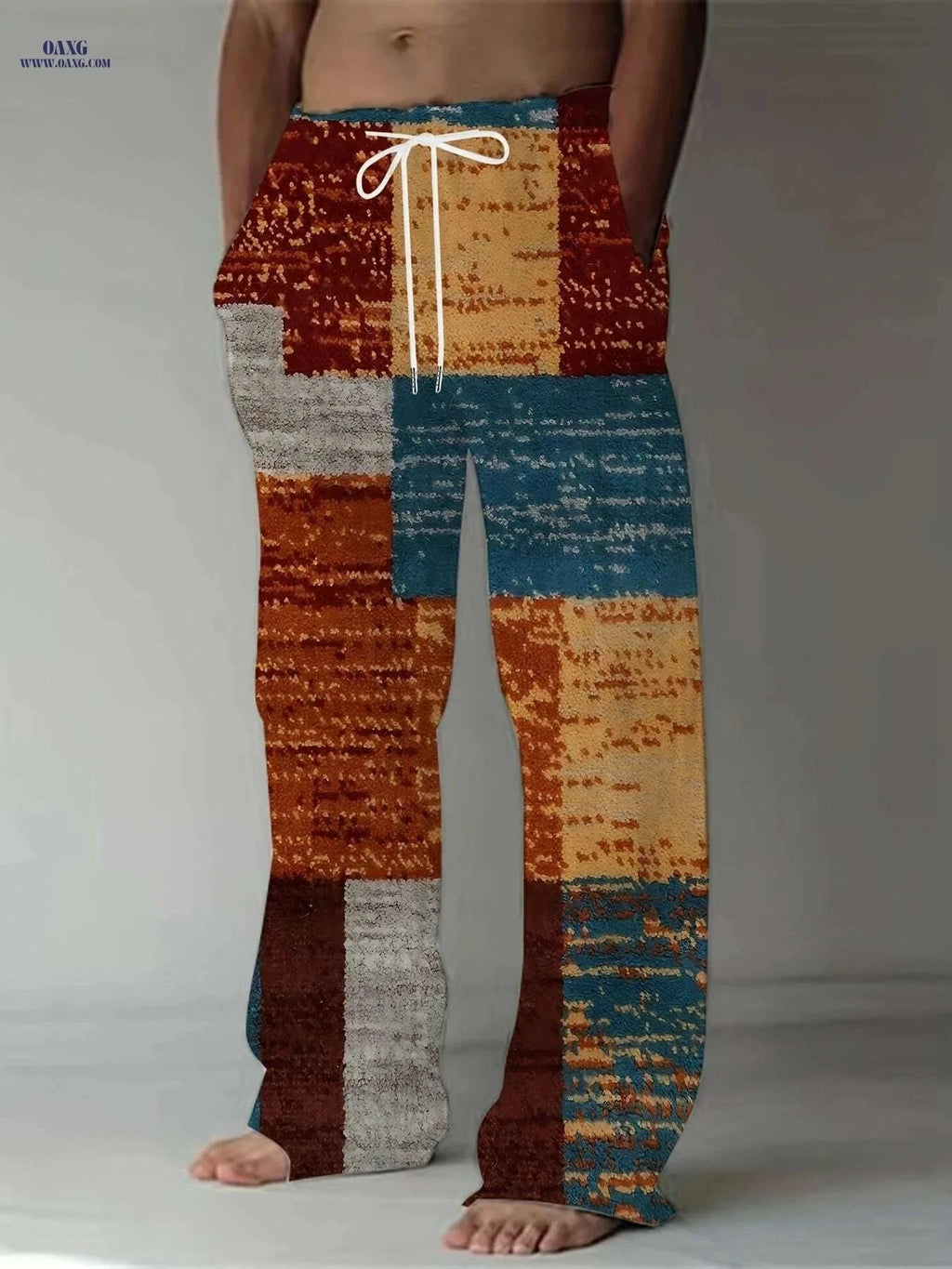 Retro Men's Straight-Leg Pants - Vibrant Patchwork Print & Drawstring   OAXG Mixed Color / M